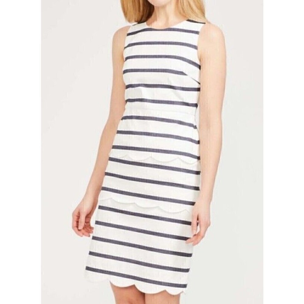 J. McLaughlin Sz 4 Providence White Blue Striped Sheath Dress Tiered Scalloped